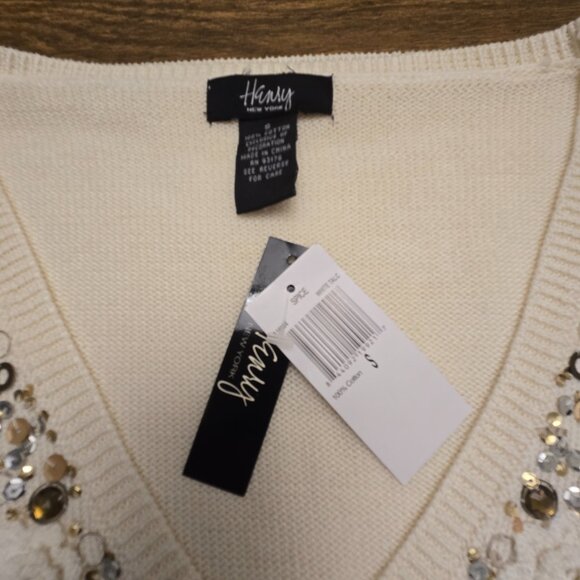 HENRY NEW YORK Women's 100% Cotton V-Neckline Beaded L/Sleeves Sweater - SML - Picture 11 of 13